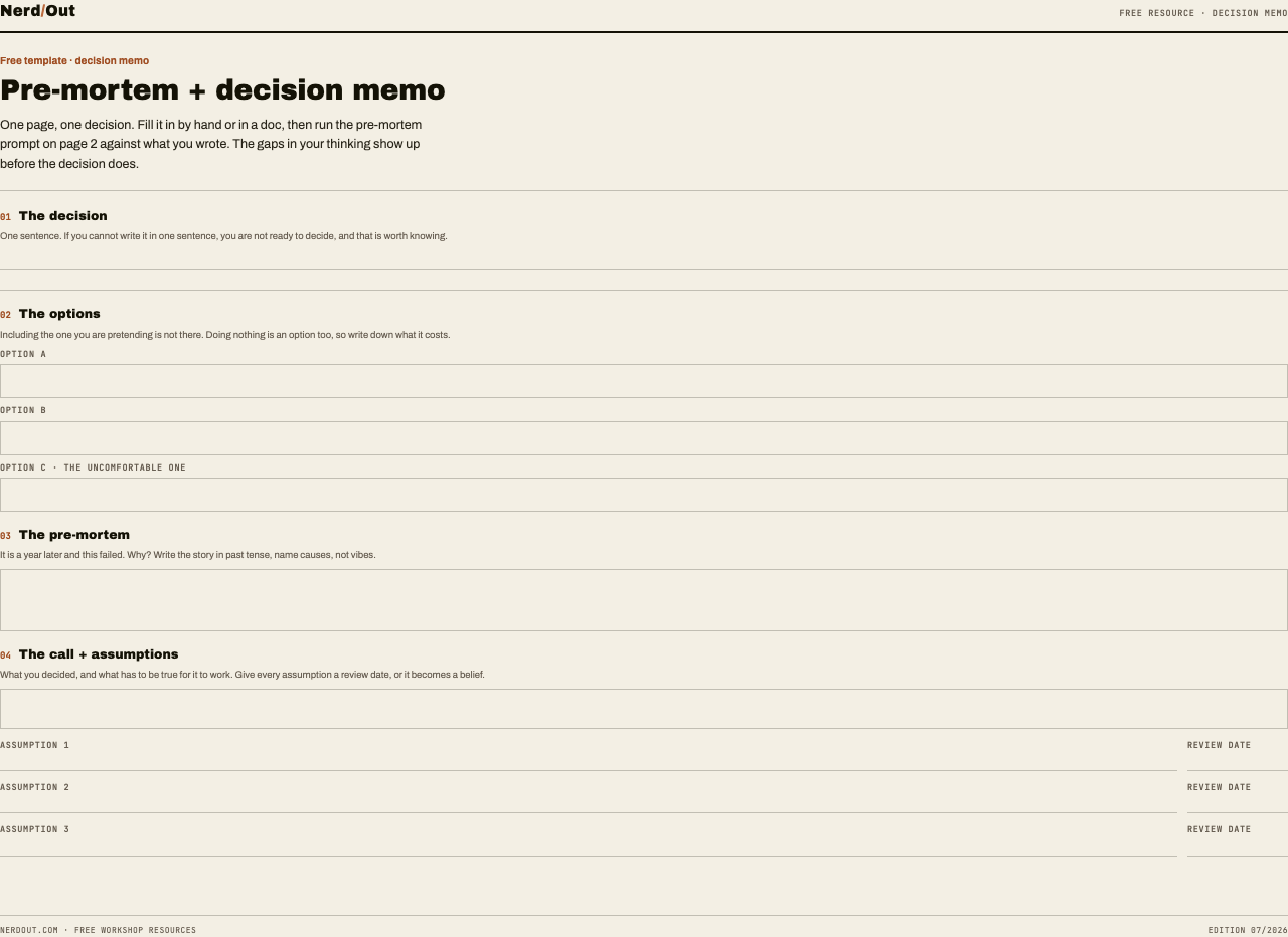 Preview of Pre-Mortem + Decision Memo template (Google Doc)